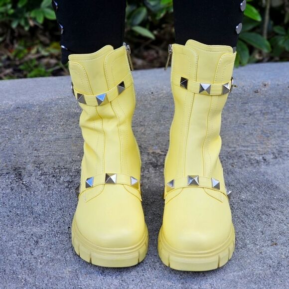 Women's Yellow Pyramid Stud Ankle Combat Boot - Picture 2 of 5